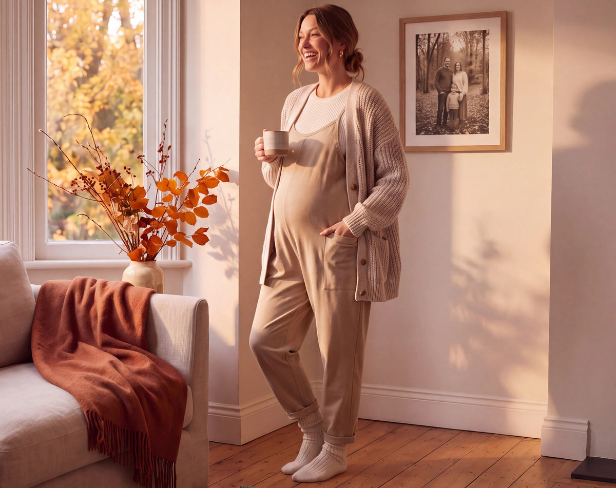 A woman wearing our tan oversized jumpsuit smiling in her living room